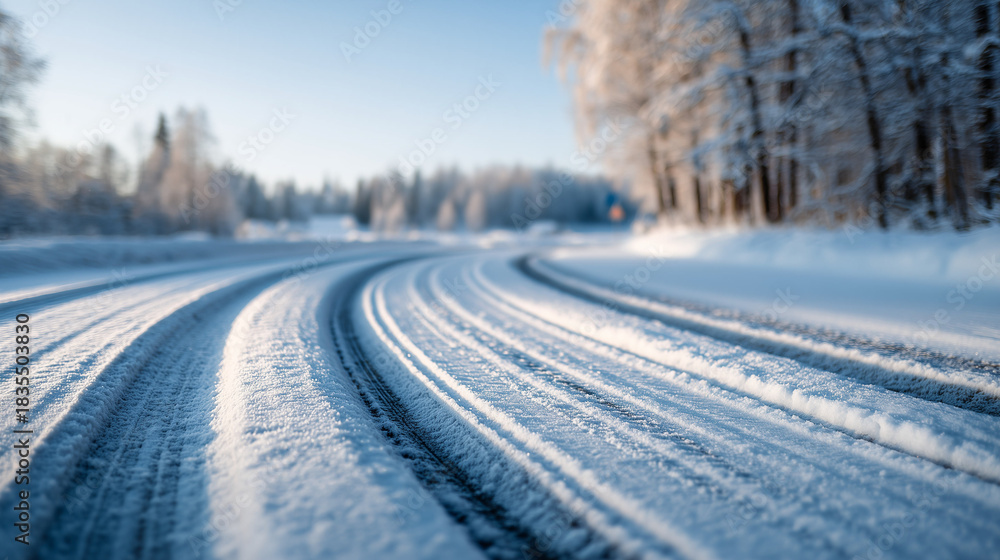 Obraz premium Snowy road curves through winter forest