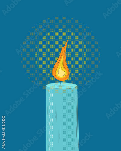 A vector cartoon illustration of a lit blue candle with a vibrant orange flame against a dark blue background.