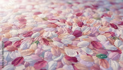Soft Focus Pastel Pink and White Cherry Blossom Petals Scattered with Dewdrops in Gentle Sunlight