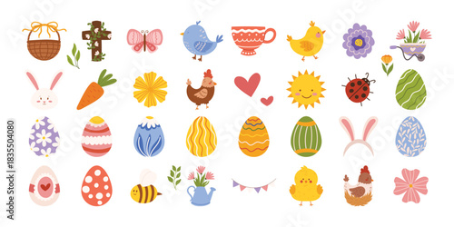 Easter watercolor clipart set | Eggs, bunnies, chicks, flowers, Easter bunny, Easter chick, basket, carrot, sunflower, butterfly, bird, heart, pastel egg