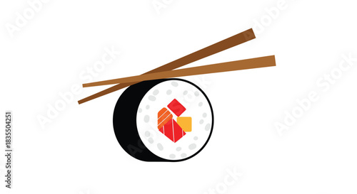 A sushi roll and chopsticks