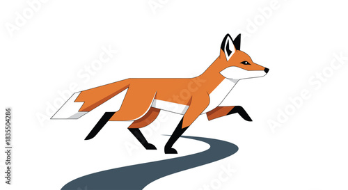 A stylized, orange fox runs across a gray path