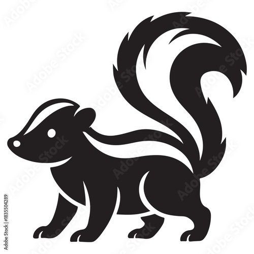 Playful skunk with curled tail, gentle stance, calm mood, forest charm.