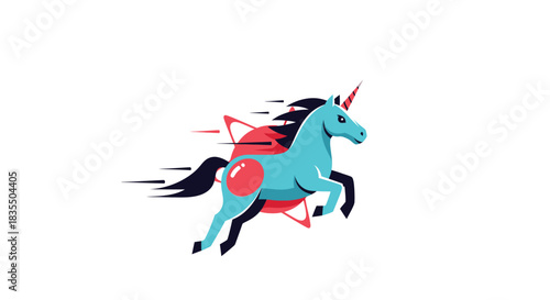 Dynamic, flat unicorn, cyan and black, leaps with speed lines over a red, geometrical shape on white
