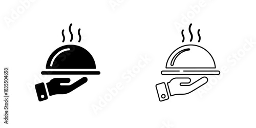 Elegant Food Service Icon Set Black and White Isolated Vector Illustration Ready to Serve Meal with Hand and Tray
