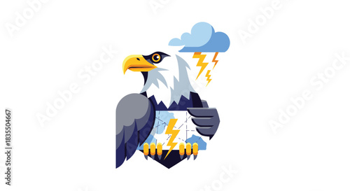 Cartoon eagle gripping stormy weather map