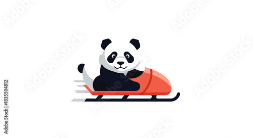 Cartoon panda riding a red bobsled