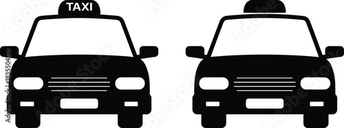 PrintBlack silhouettes vector illustration set of two taxi cars, cab vehicles, front view icons, urban transportation, public transit service, simple graphic design element.