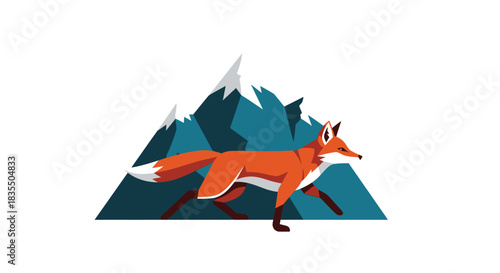 Graphic image of an orange fox walking in front of blue mountains