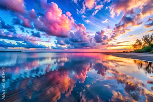 Vibrant sunset sky reflected in calm ocean water with colorful clouds
