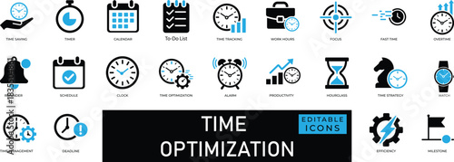 time optimization icon set designed for business, planning, schedule, management, efficiency, deadline, and productivity vector concepts