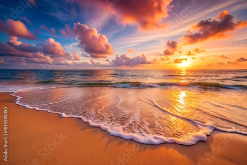 Vibrant sunset over a tropical beach with colorful clouds and ocean waves