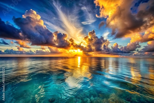 Dramatic sunset over tropical ocean with vibrant clouds and reflections