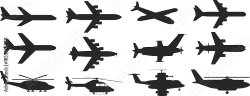 PrintBlack silhouettes vector illustration set of various aircraft, airplanes, jet liners, military planes, and different helicopter models, transportation collection.