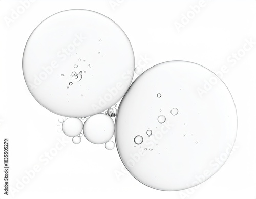 Macro shot of transparent liquid orbs with tiny bubbles, isolated on white background