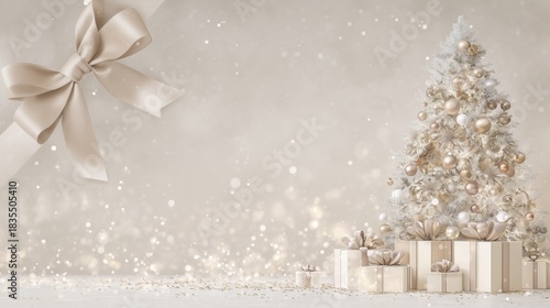 Elegant Christmas greeting card in soft beige, luxurious ribbon bow, beautifully decorated frosted Christmas tree with gold, champagne, and white ornaments, New Year, and Merry Christmas background.