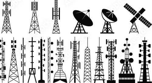 PrintBlack silhouettes vector illustration set of various communication towers, cell phone masts, radio antennas, and satellite dishes, technology, and broadcasting collection.