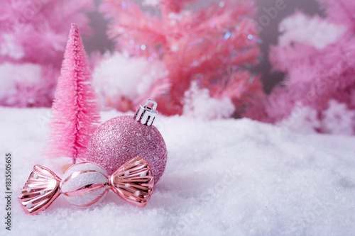 Pink Christmas Holiday Scene with Gifts Candy and Frosted Trees