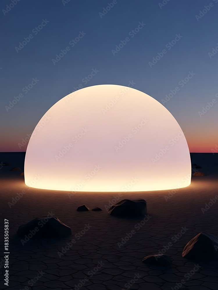 Obraz premium Ethereal sphere on cracked desert landscape at dusk evokes mystery
