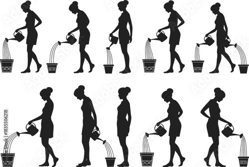 PrintBlack silhouettes vector illustration set of women or girls in different poses watering potted plants with a watering can, gardening, spring, and home decor concept.