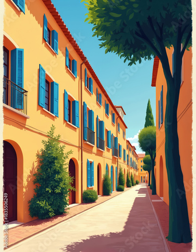 Fototapeta Naklejka Na Ścianę i Meble -  Yellow buildings with blue shutters line a narrow cobblestone street with green trees. Bright sunny day in a European old town. Charming architecture evokes vacation vibes.