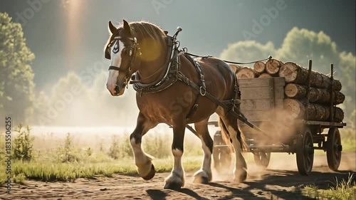 A powerful draft horse pulls a heavy wooden cart loaded with logs along a dusty rural path, bathed in warm sunlight.