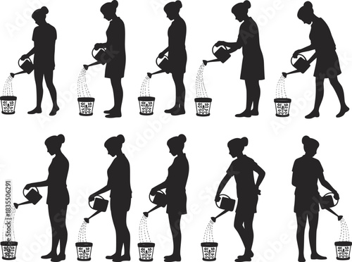 PrintBlack silhouettes vector illustration set of women or girls in different poses watering potted plants with a watering can, gardening, spring, and home decor concept.