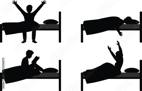PrintSilhouettes of a person in bed, engaging in various activities like waking up, reading, sleeping, and stretching, representing rest and morning routines, isolated on white background.
