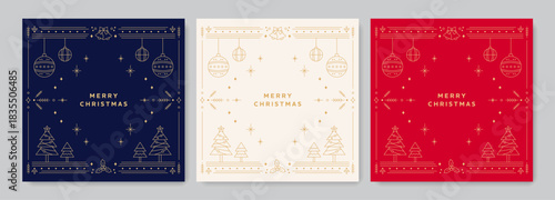 Three Variations of Elegant Gold Line Art Christmas Card Set on Dark and Light Backgrounds.