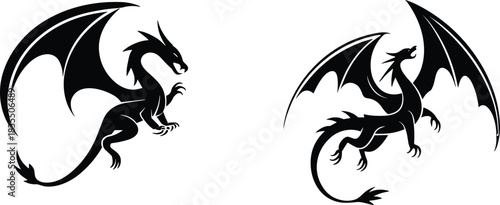 PrintSet of Majestic Black Dragon Silhouettes, Mythical Fantasy Creature Vector Icons, Flying Medieval Monster Mascot, Legend Symbol