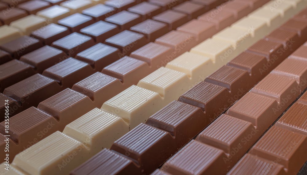 Fototapeta premium Rows of assorted chocolate bars including dark milk and white chocolate varieties arranged in a pattern with a shallow depth of field in warm studio lighting