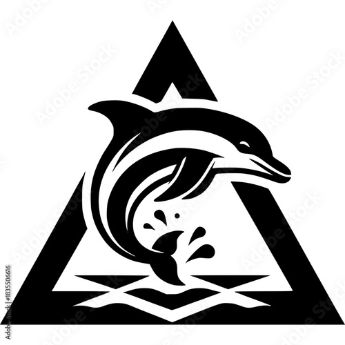 Dolphin Emblem in Geometric Precision: An emblem showcases a dynamic dolphin breaching the water within a geometric triangular framework.