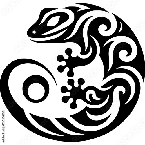Gecko Tribal Symbol: A stylized tribal design of a gecko, symbolizing adaptability and connection. The swirling pattern suggests movement and continuity.