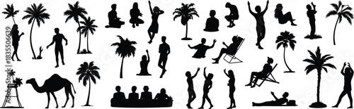 PrintSilhouettes of diverse people enjoying summer beach vacation, with palm trees and a camel, representing travel, holidays, relaxation, and tropical outdoor active lifestyle.