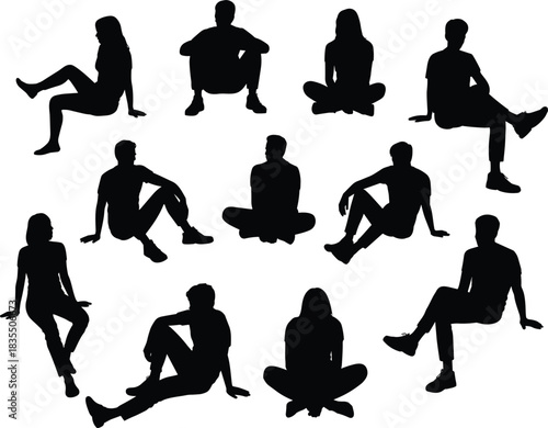 PrintSilhouettes of diverse people sitting and relaxing on the ground in various poses, representing casual rest, meditation, comfort, and human figures in informal positions