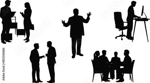 PrintSilhouettes of business professionals in various office scenarios, including meetings, presentations, and working on computers, representing corporate communication and the workplace