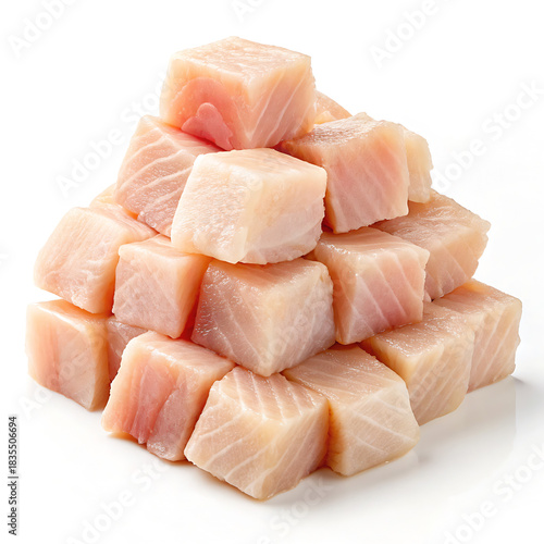 Raw Diced White Fish Cubes Stacked on a White Background
Pile of Uncooked Fresh Fish Chunks Ready for Preparation