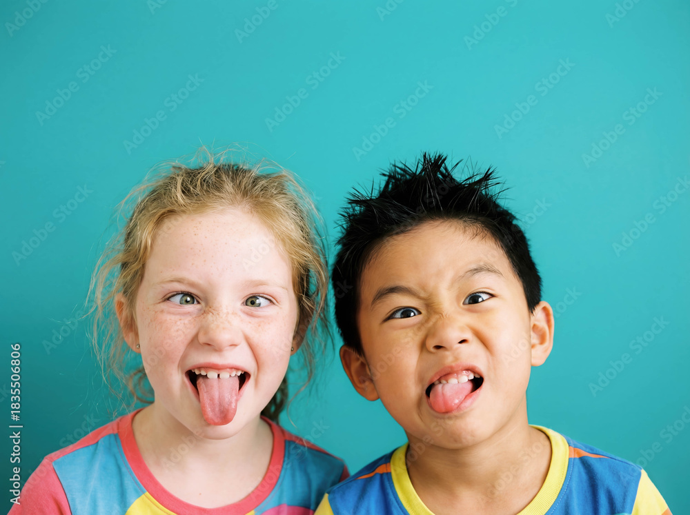 Obraz premium Funny diverse kids making faces copy space grimace playful humor multiethnic children sticking tongue out happy friends crazy mood caucasian asian african studio background emotion childhood prank