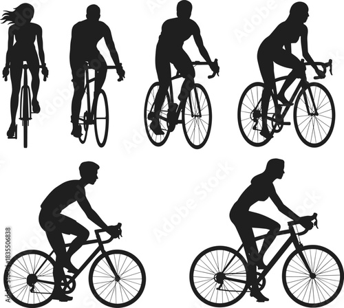 PrintSilhouettes of male and female riders on bicycles in various perspectives, representing fitness, healthy lifestyle, recreational sport, and modern urban commuting activities, isolated on white.