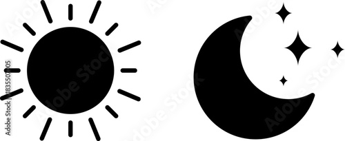Stylized sun and crescent moon with stars icon set