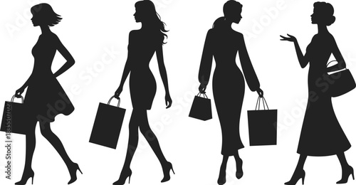 PrintStylish women shopping silhouette collection, set of fashionable female consumers walking with purchases, vector illustration for retail, fashion, and business promotion design