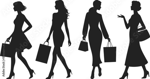 PrintStylish women shopping silhouette set, elegant young fashionable female consumers walking with paper bags, vector illustration for fashion, retail, and sales design, isolated on white.