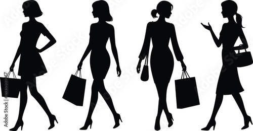 PrintWomen shopping silhouette set, stylish young fashionable female consumers walking with paper bags, vector illustration for fashion, retail, and sales promotion design, 