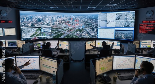 Personnel monitor numerous displays showing city infrastructure and surveillance feeds in a darkened control room
