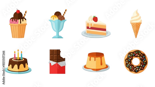 Sweet dessert food icons set. Vector collection of cake, ice cream, chocolate, donut, pudding and bakery treats.