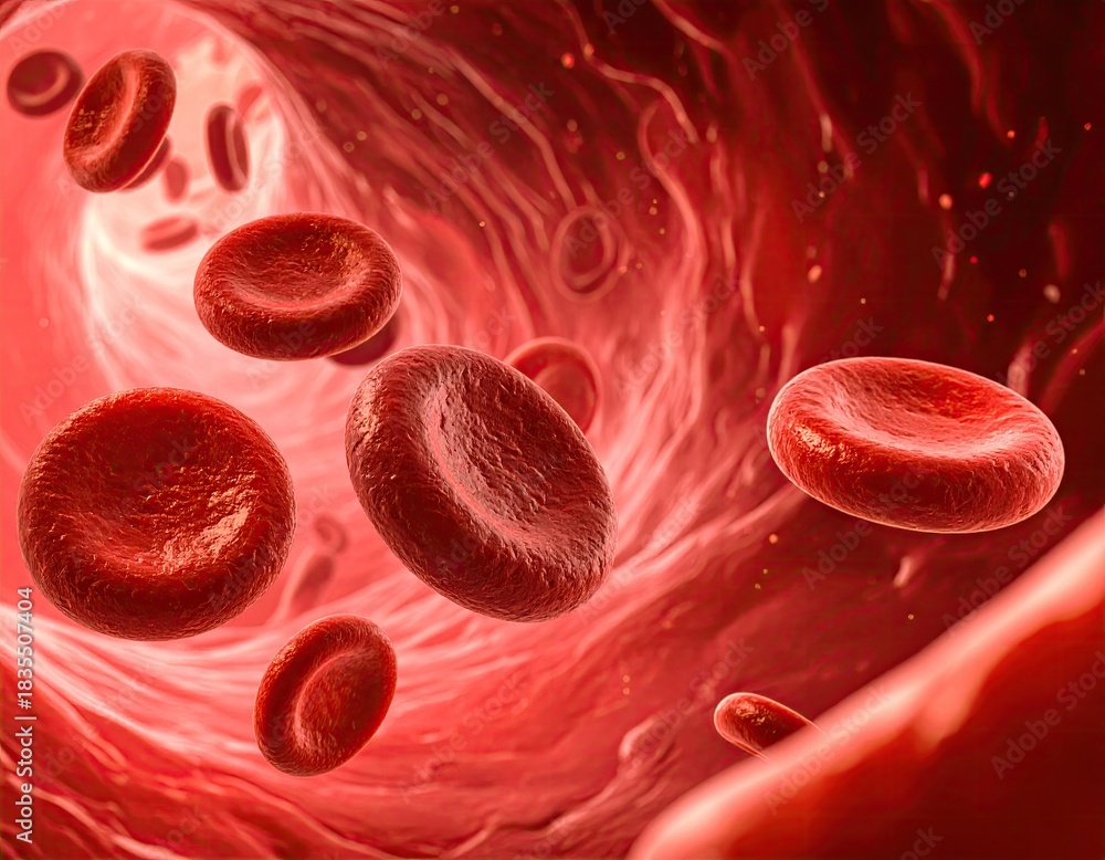 Fototapeta premium Macro illustration of red blood cells moving through a vessel, detailed and vibrant