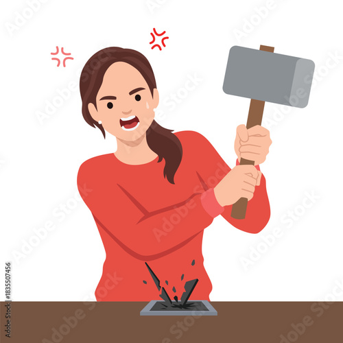 Angry woman smashing smartphone with hammer. Flat vector illustration isolated on white background