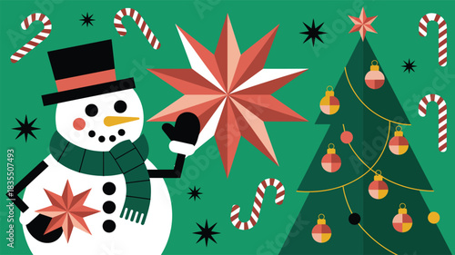 Festive Christmas illustration featuring cheerful snowman, decorated Christmas tree, candy canes, ornaments and holiday star elements on green background