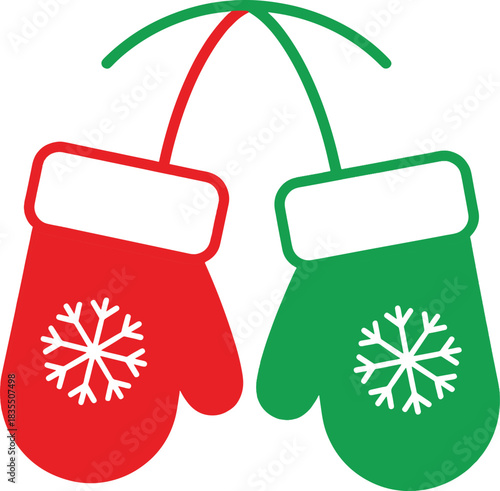 Red and Green Winter Mittens with Snowflakes – Christmas Vector Icon