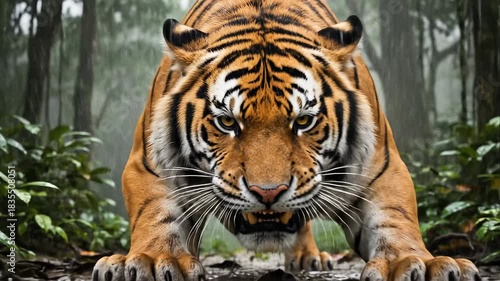 A powerful Bengal tiger crouches in a dense jungle, staring intensely with a fierce expression, showcasing its predatory nature in the wild.